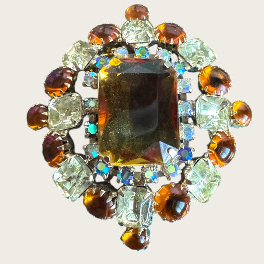 Vintage Amber & Lemon Rhinestone Statement Brooch with Aurora Borealis Halo | Mid-Century Unsigned