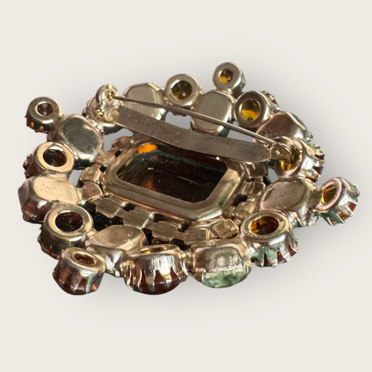 Vintage Amber & Lemon Rhinestone Statement Brooch with Aurora Borealis Halo | Mid-Century Unsigned