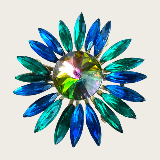 Vintage Watermelon Rivoli Brooch with Emerald Green and Royal Blue Navette Rhinestones – 1960s Statement Costume Jewelry