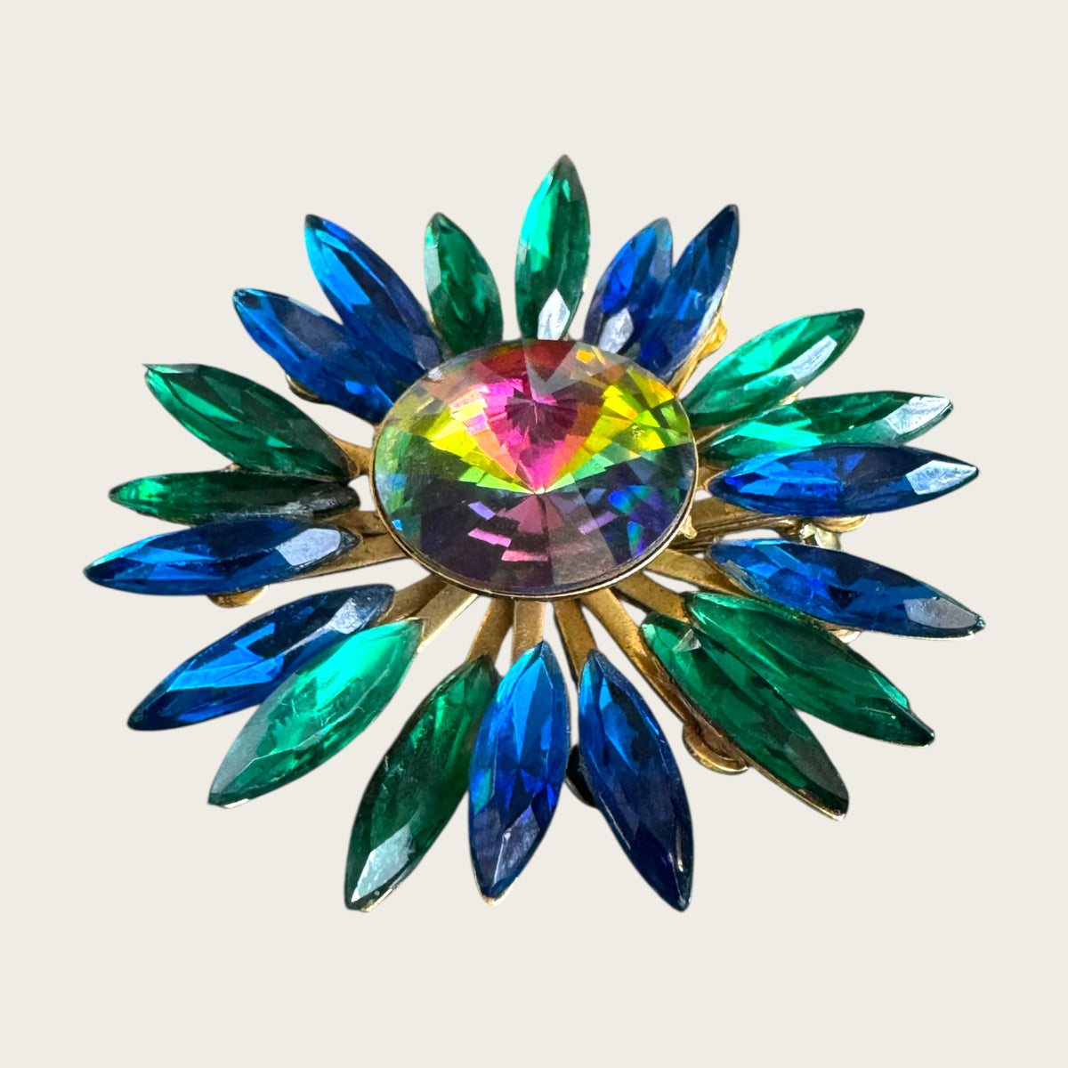 Vintage Watermelon Rivoli Brooch with Emerald Green and Royal Blue Navette Rhinestones – 1960s Statement Costume Jewelry
