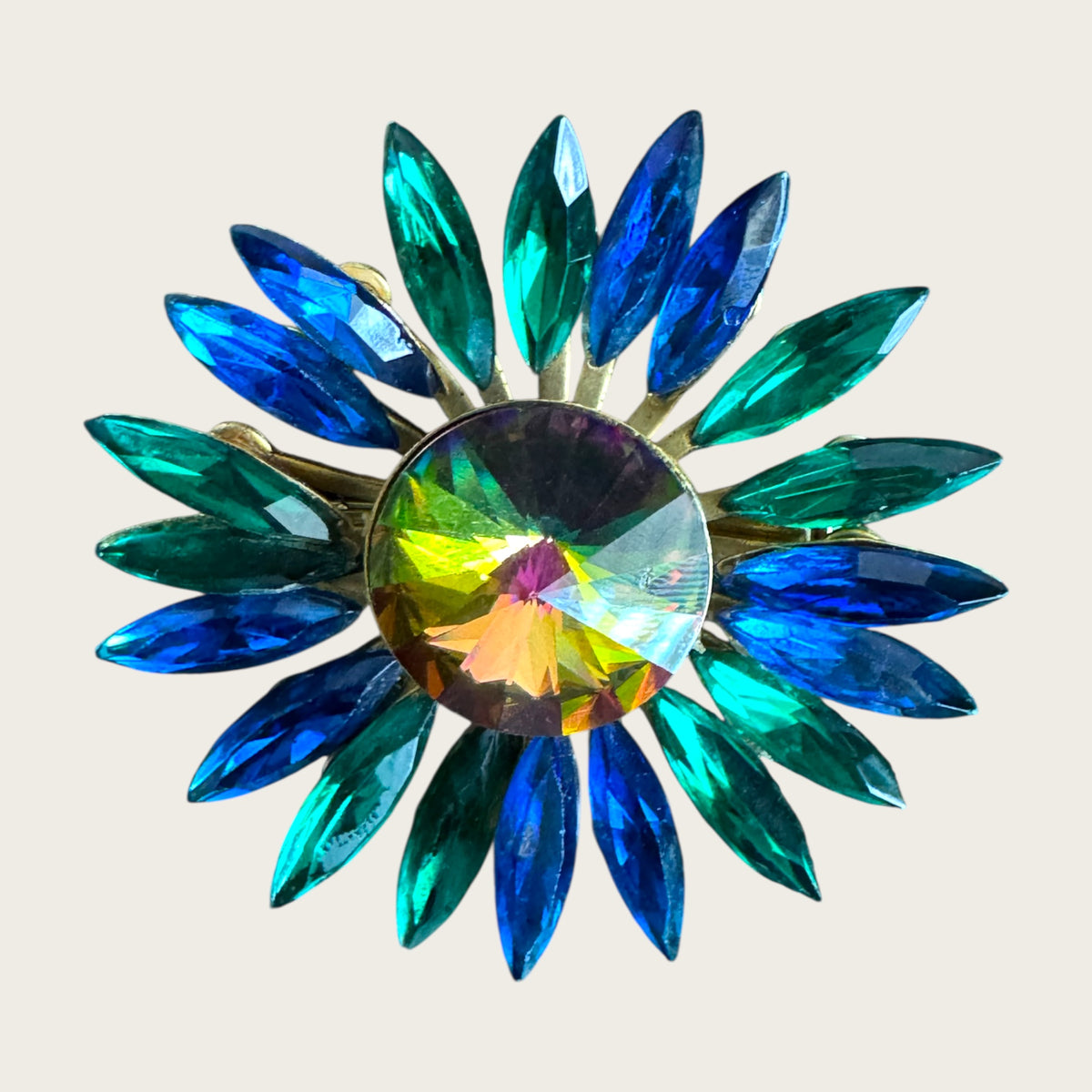 Vintage Watermelon Rivoli Brooch with Emerald Green and Royal Blue Navette Rhinestones – 1960s Statement Costume Jewelry