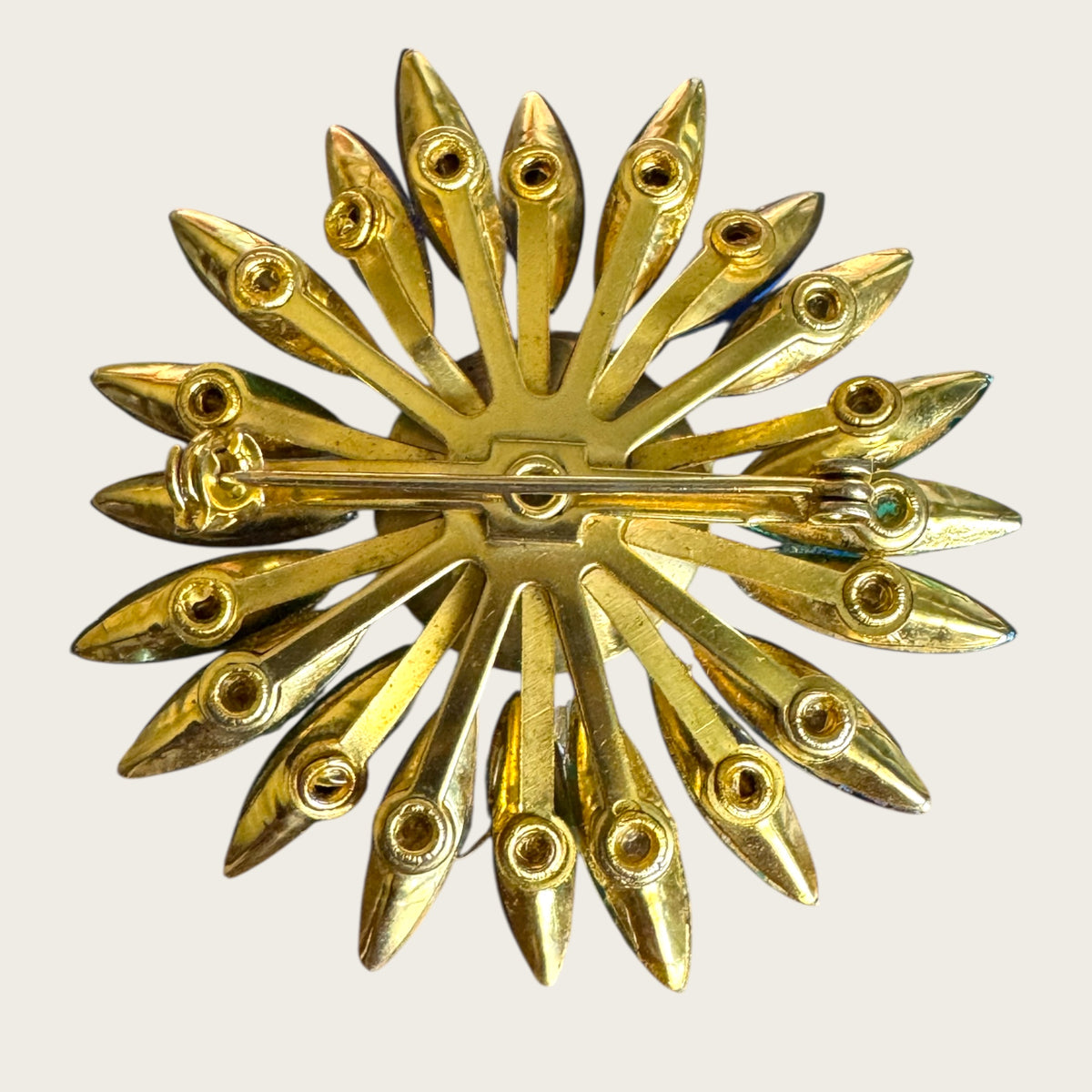 Vintage Watermelon Rivoli Brooch with Emerald Green and Royal Blue Navette Rhinestones – 1960s Statement Costume Jewelry