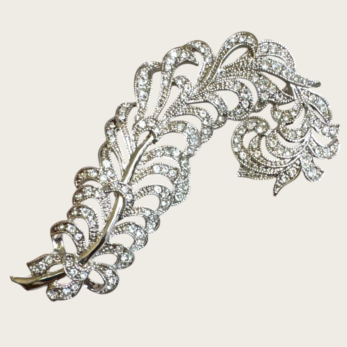 Signed Kenneth Jay Lane Feather Brooch with Pave Rhinestones – Vintage KJL Designer Costume Jewelry