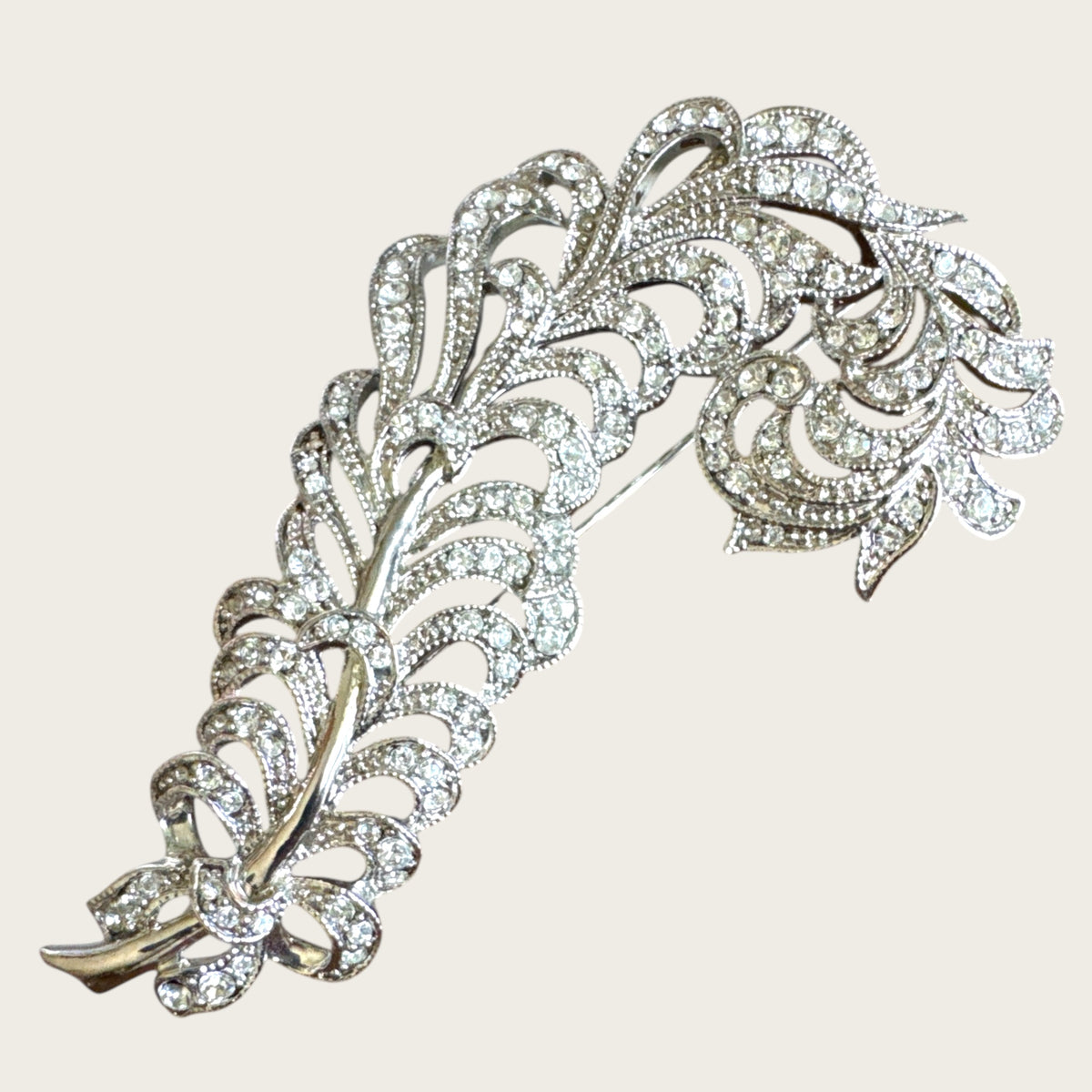Signed Kenneth Jay Lane Feather Brooch with Pave Rhinestones – Vintage KJL Designer Costume Jewelry