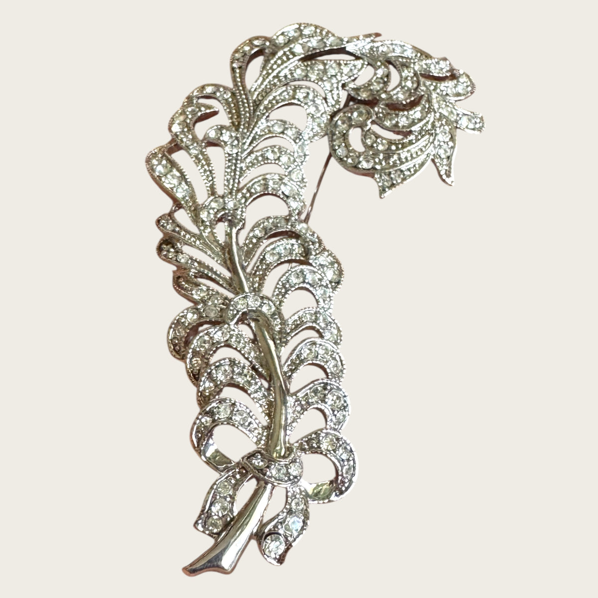 Signed Kenneth Jay Lane Feather Brooch with Pave Rhinestones – Vintage KJL Designer Costume Jewelry