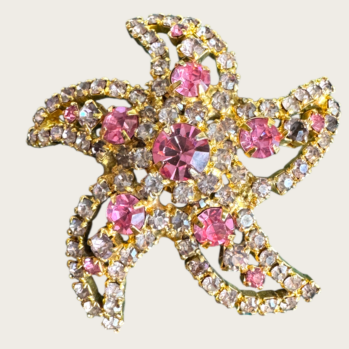 Vintage Mid-Century Pink & Lavender Rhinestone Starburst Brooch – Layered Gold-Tone Statement Pin, 1950s