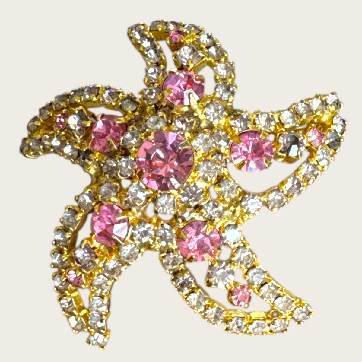 Vintage Mid-Century Pink & Lavender Rhinestone Starburst Brooch – Layered Gold-Tone Statement Pin, 1950s