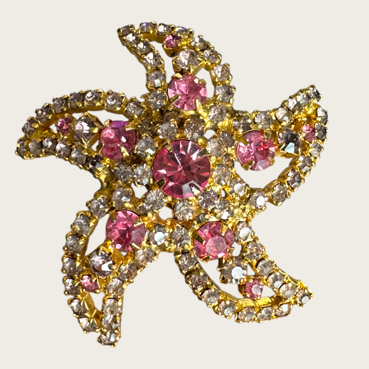 Vintage Mid-Century Pink & Lavender Rhinestone Starburst Brooch – Layered Gold-Tone Statement Pin, 1950s