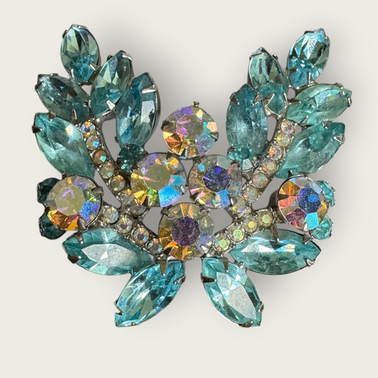 Verified Juliana Baby Blue & Aurora Borealis Rhinestone Brooch – 1960s Floral Spray
