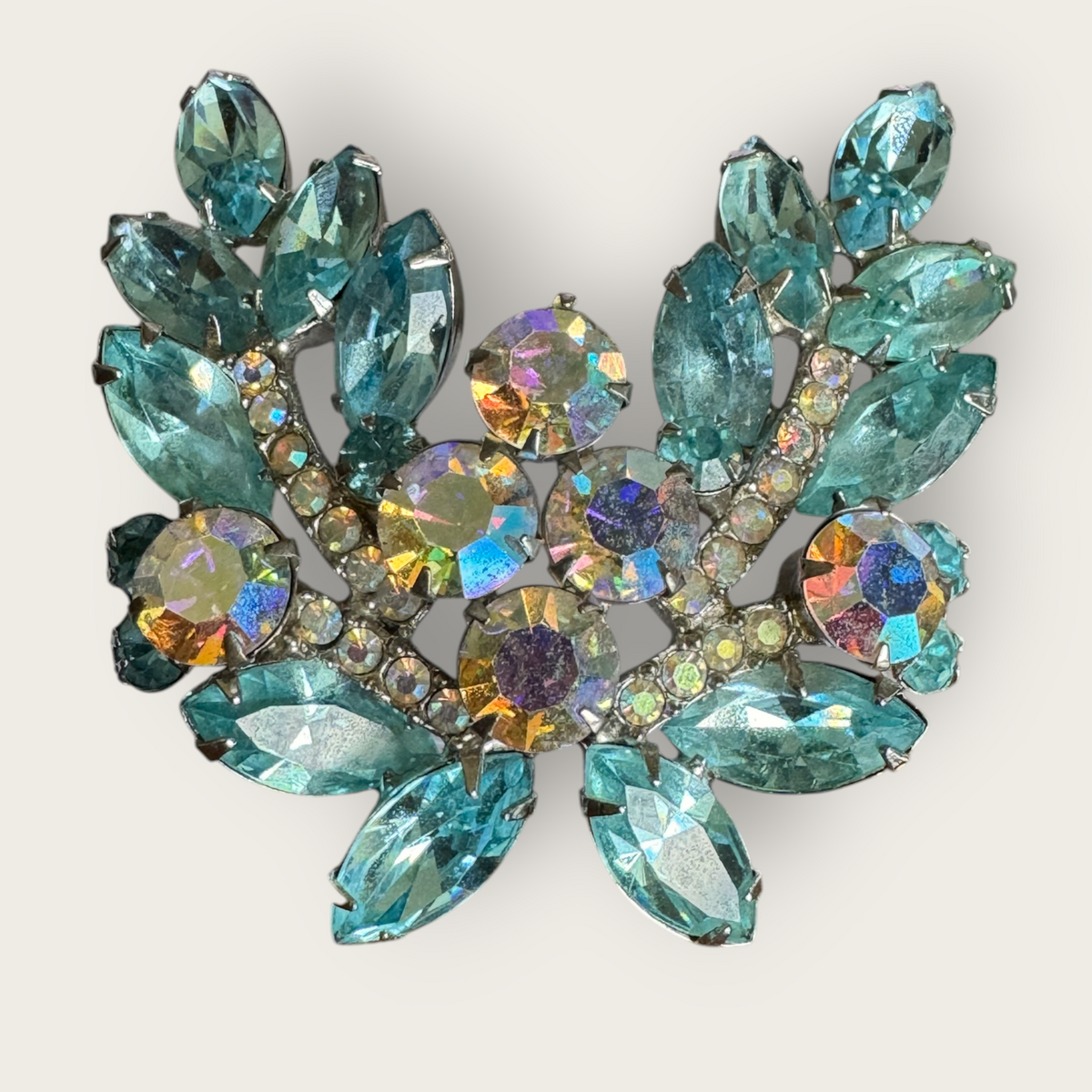 Baby Blue & Aurora Borealis Rhinestone Floral Spray Brooch – 1960s Vintage