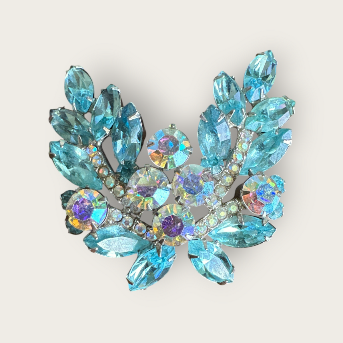 Baby Blue & Aurora Borealis Rhinestone Floral Spray Brooch – 1960s Vintage