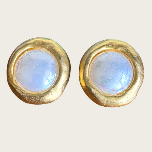 Vintage Catherine Stein Gold-Tone Earrings with Iridescent Resin Cabochons – 1970s Deadstock