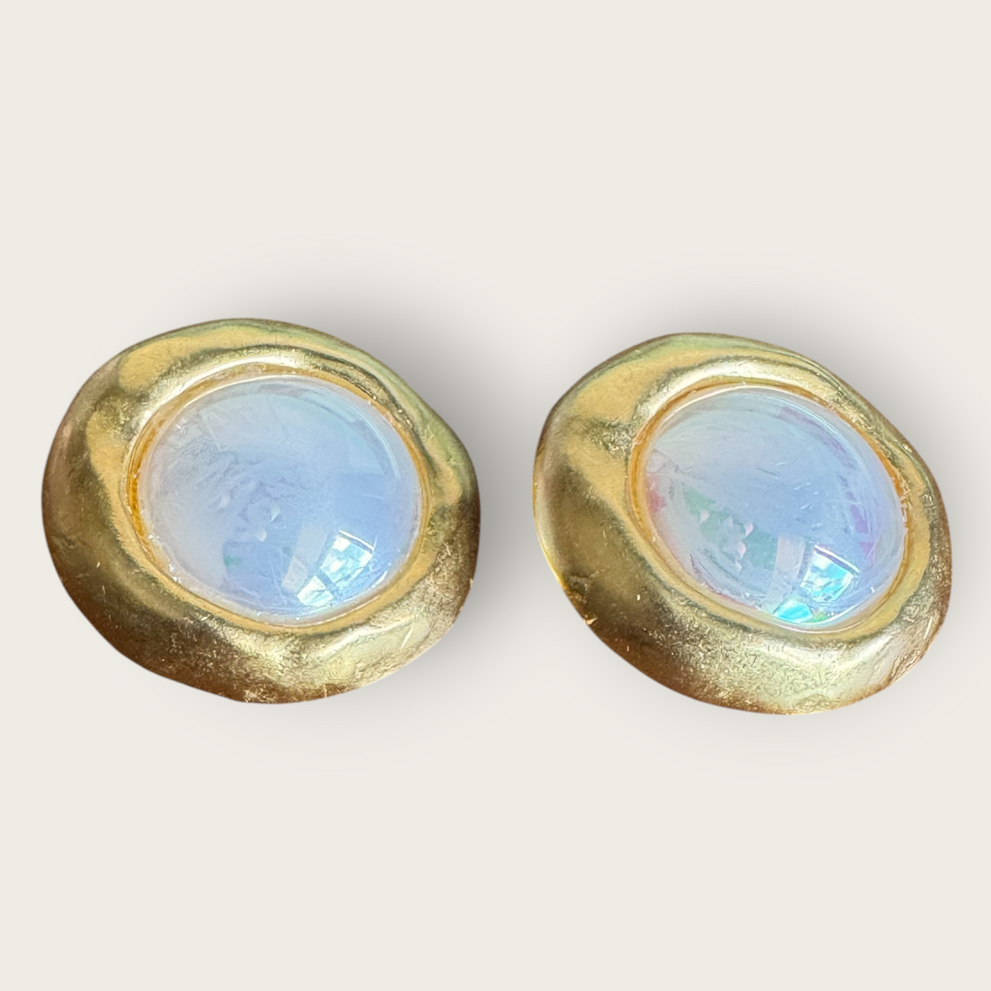 Vintage Catherine Stein Gold-Tone Earrings with Iridescent Resin Cabochons – 1970s Deadstock