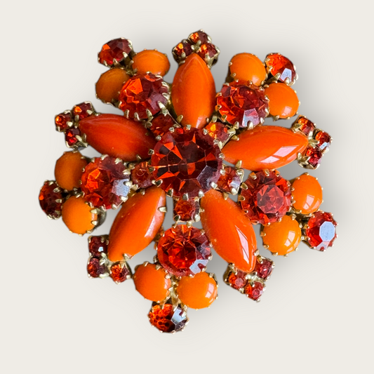 Vintage Orange Glass Domed Brooch – 2” Gold-Tone Round Statement Pin