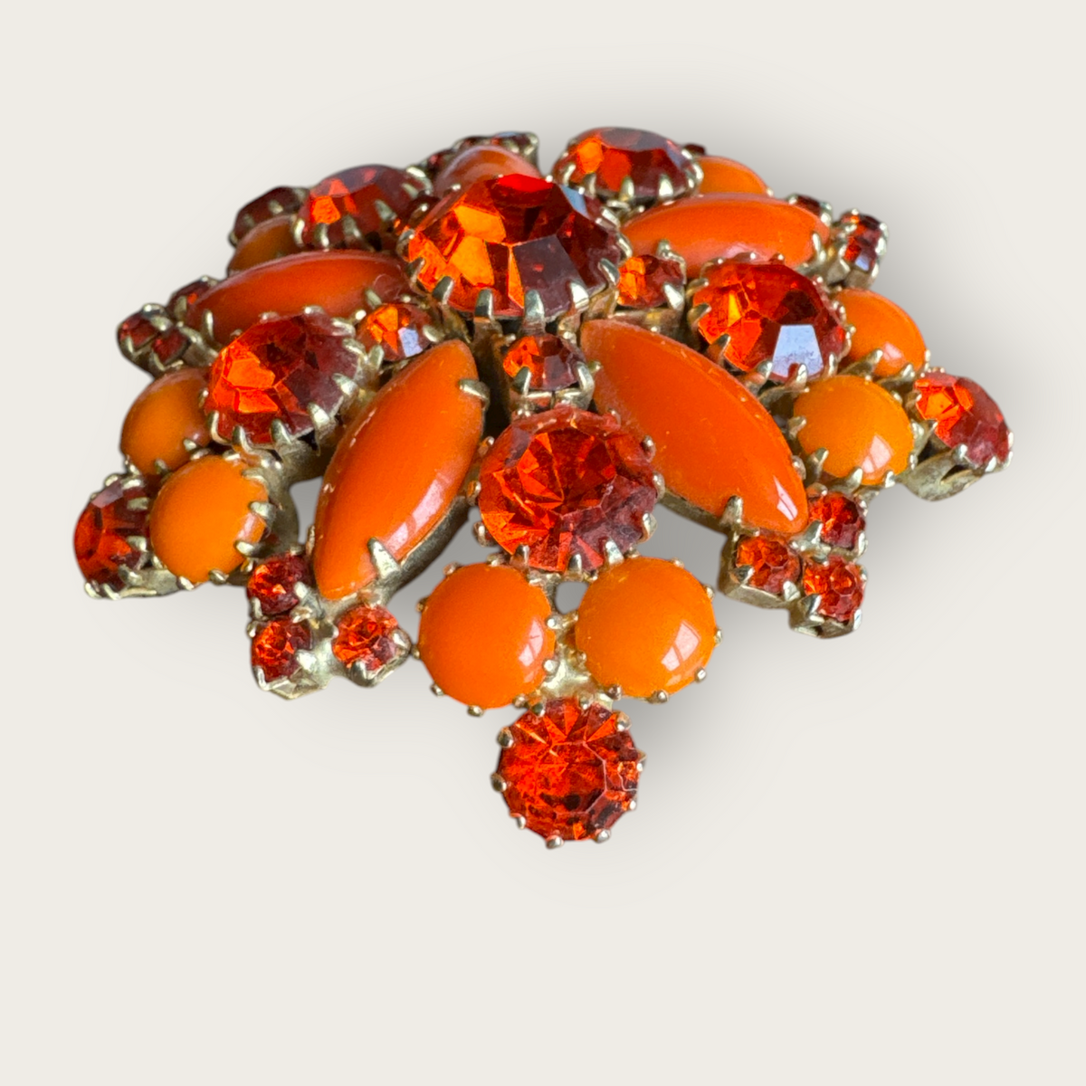 Vintage Orange Glass Domed Brooch – 2” Gold-Tone Round Statement Pin