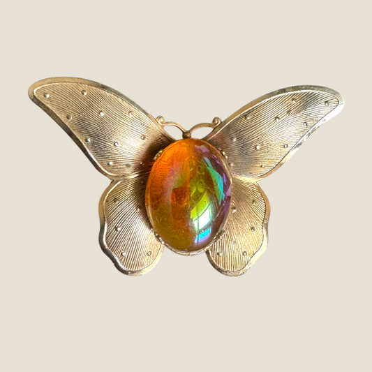 Vintage Iridescent Glass Butterfly Brooch – Domed Cabochon on Gold-Tone Wings