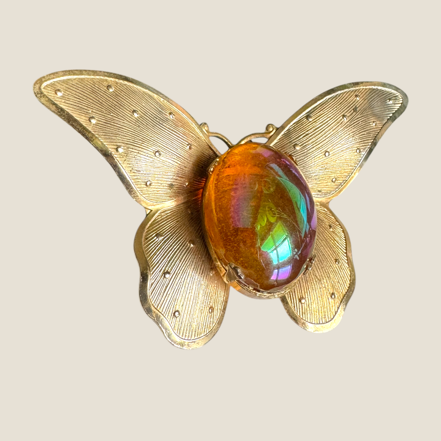 Vintage Iridescent Glass Butterfly Brooch – Domed Cabochon on Gold-Tone Wings