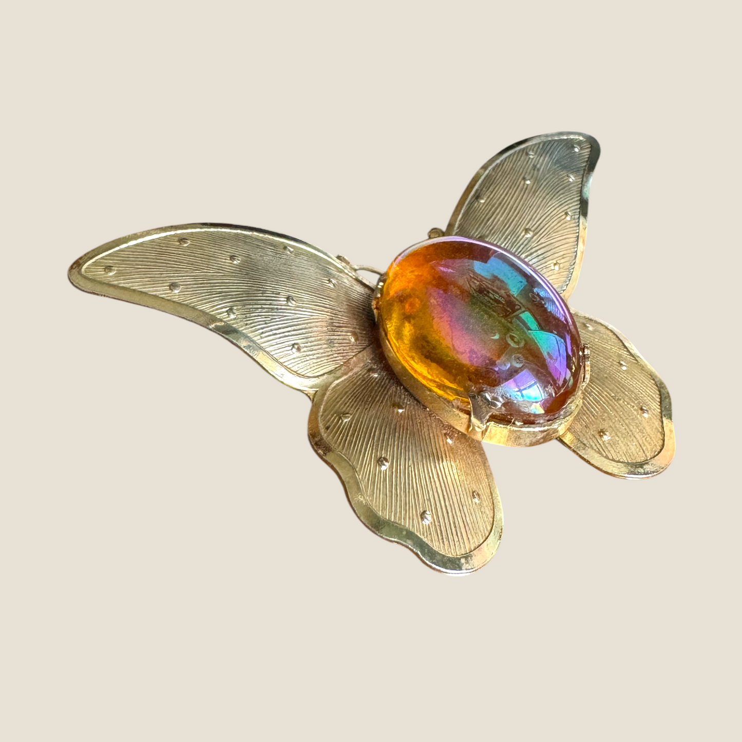 Vintage Iridescent Glass Butterfly Brooch – Domed Cabochon on Gold-Tone Wings