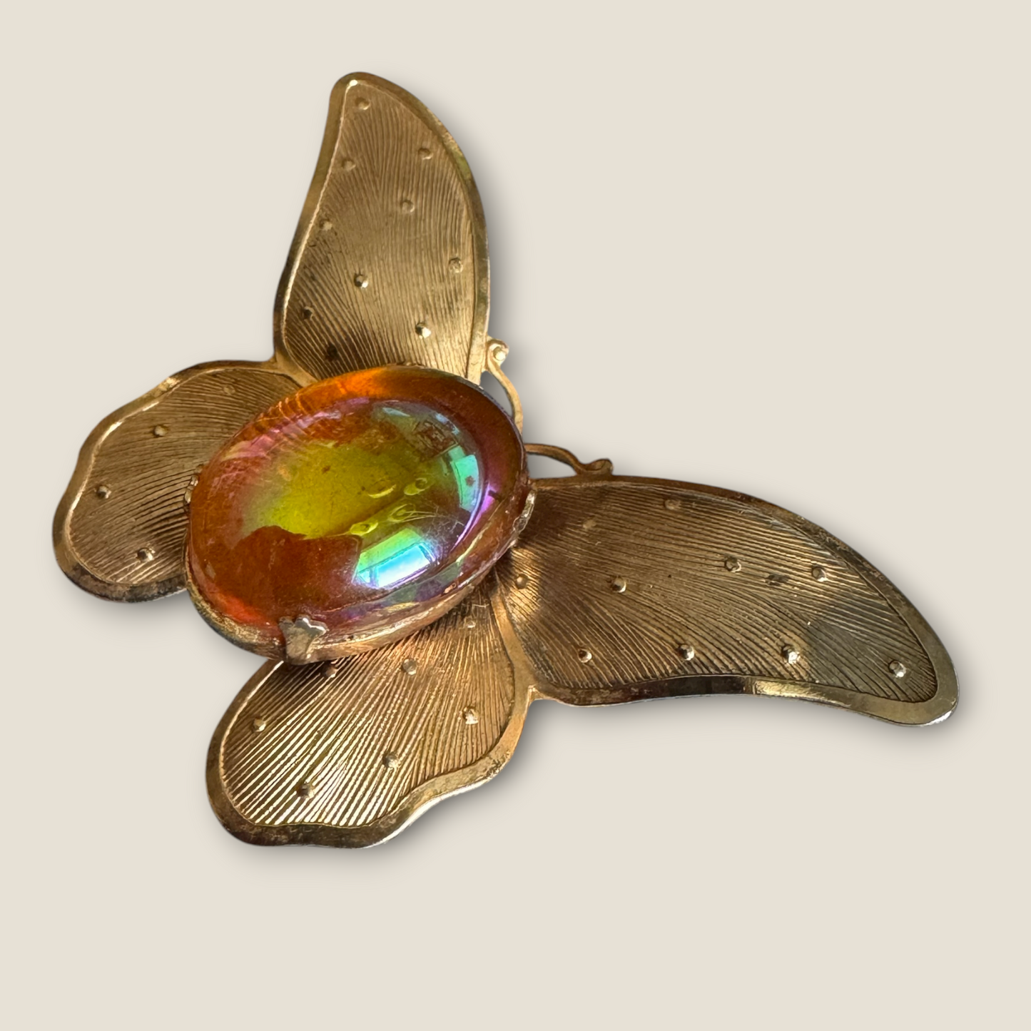 Vintage Iridescent Glass Butterfly Brooch – Domed Cabochon on Gold-Tone Wings