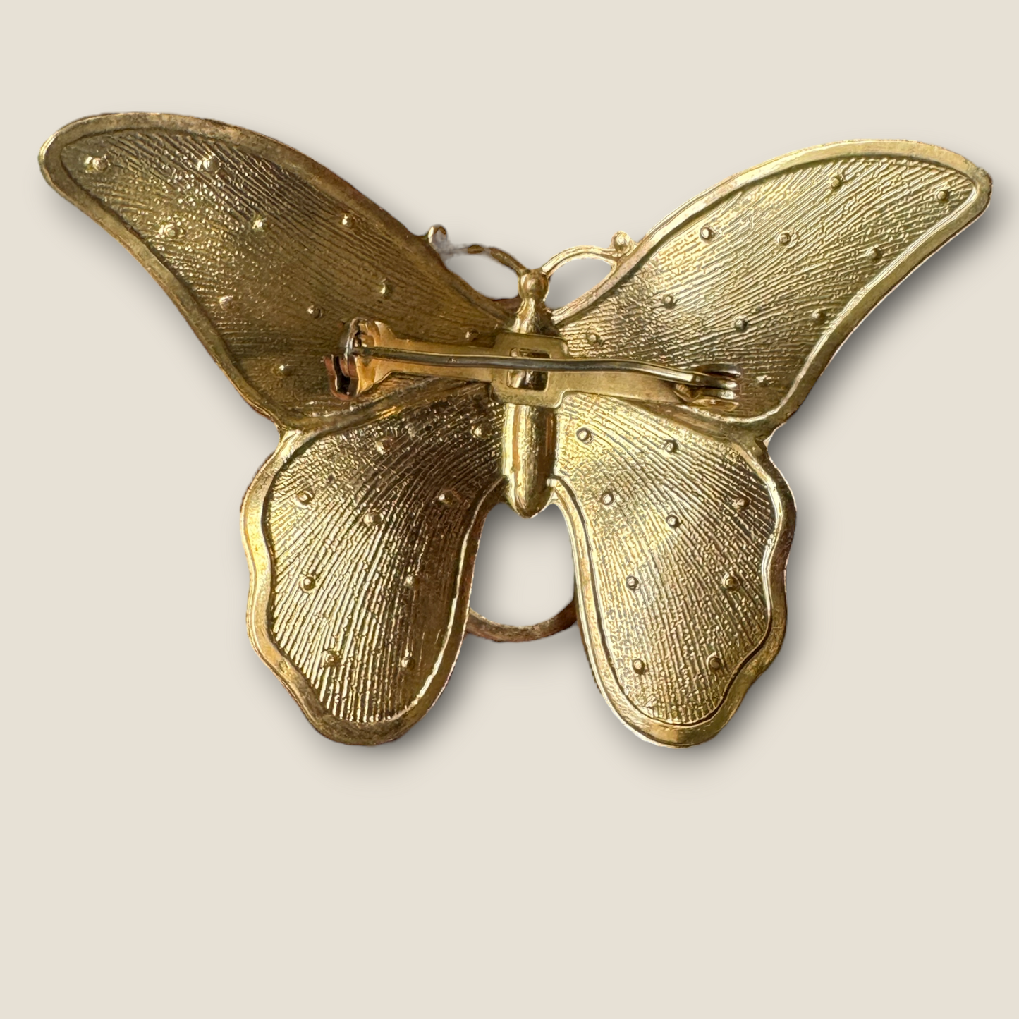 Vintage Iridescent Glass Butterfly Brooch – Domed Cabochon on Gold-Tone Wings