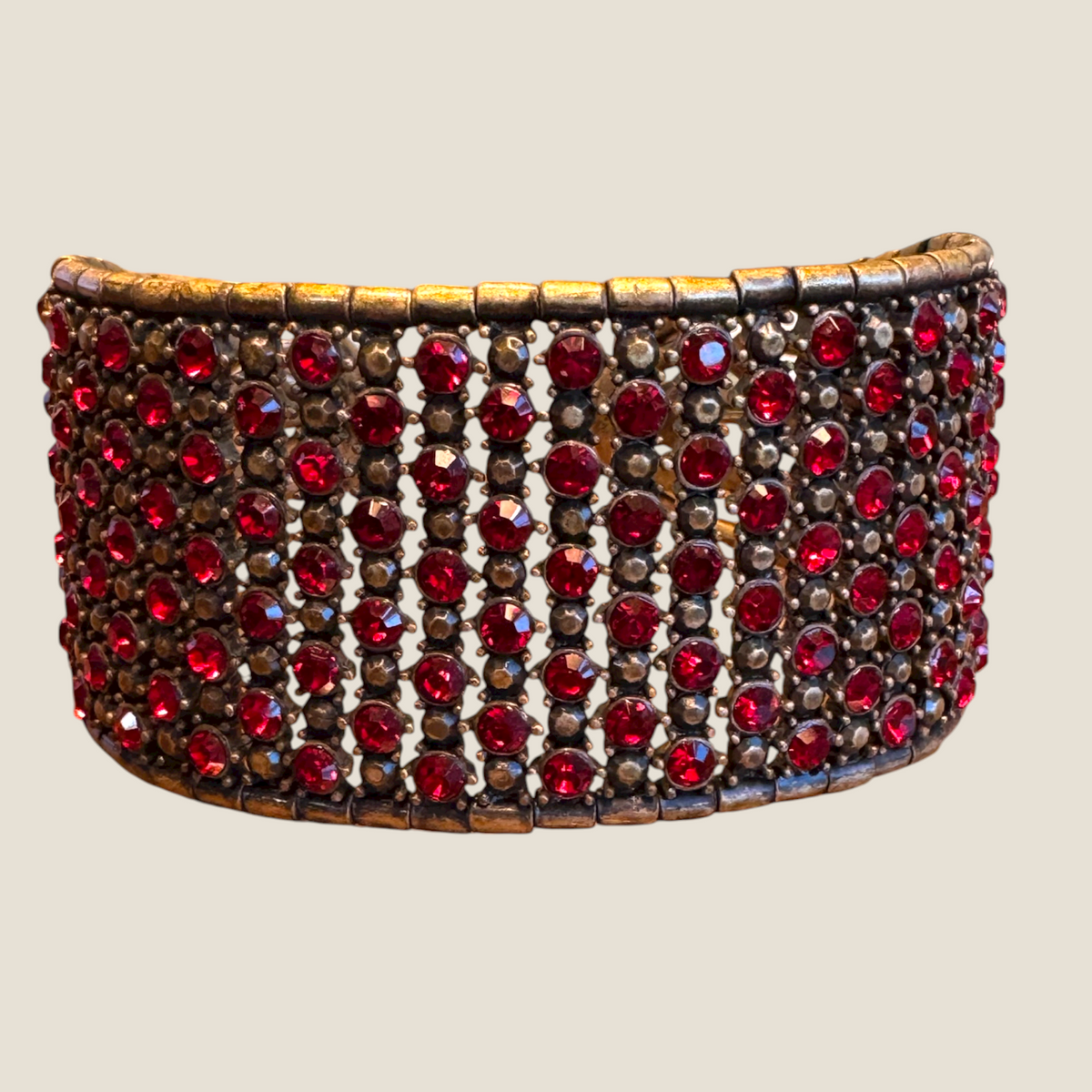 Vintage Monet Expanding Wide Bracelet with Red Rhinestones – Statement Runway Jewelry