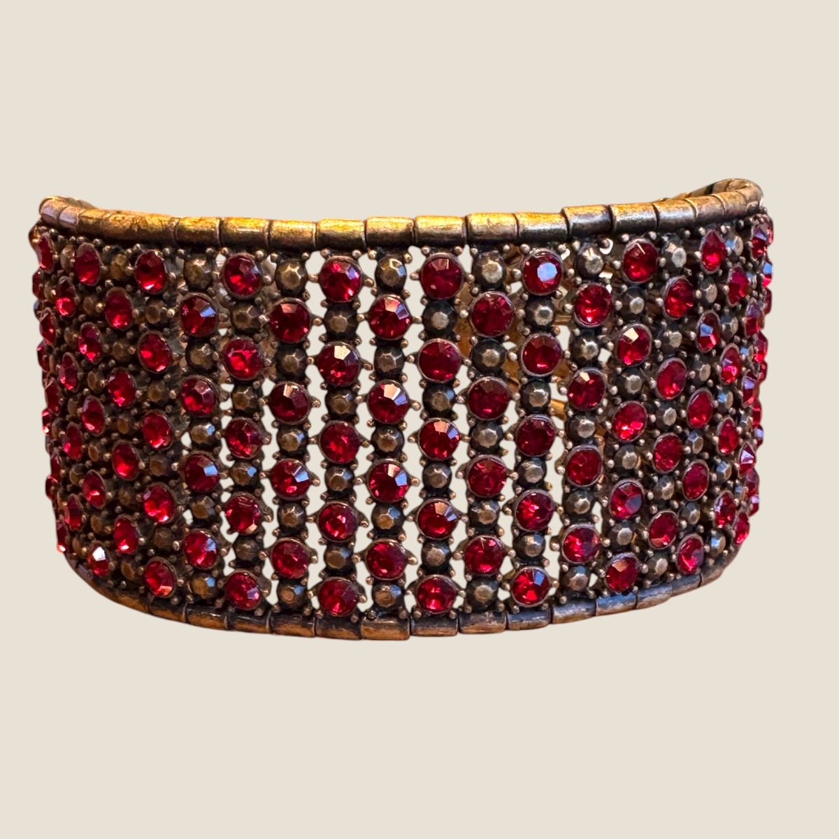 Vintage Monet Expanding Wide Bracelet with Red Rhinestones – Statement Runway Jewelry