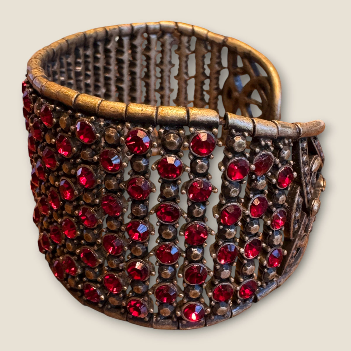 Vintage Monet Expanding Wide Bracelet with Red Rhinestones – Statement Runway Jewelry