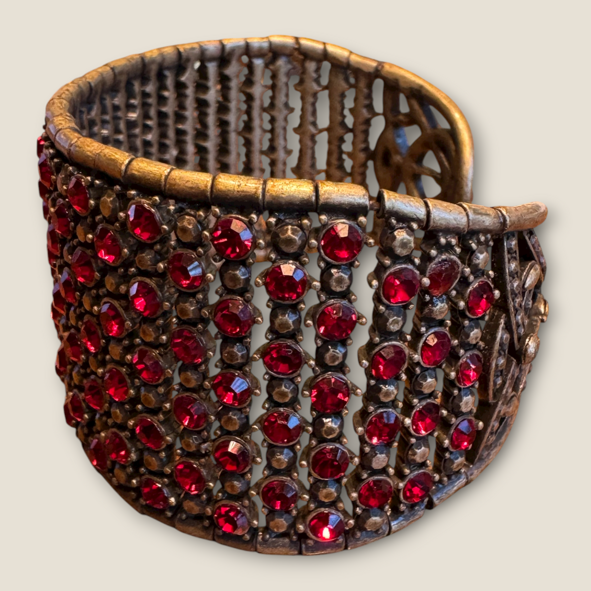 Vintage Monet Expanding Wide Bracelet with Red Rhinestones – Statement Runway Jewelry