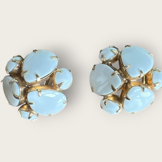 Vintage Opaque Pear & Round Cabochon Cluster Earrings – Mid-Century Statement Clip-Ons, Designer Quality (1¼”)