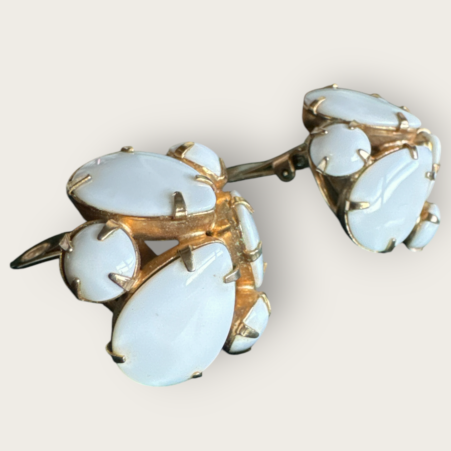 Vintage Opaque Pear & Round Cabochon Cluster Earrings – Mid-Century Statement Clip-Ons, Designer Quality (1¼”)