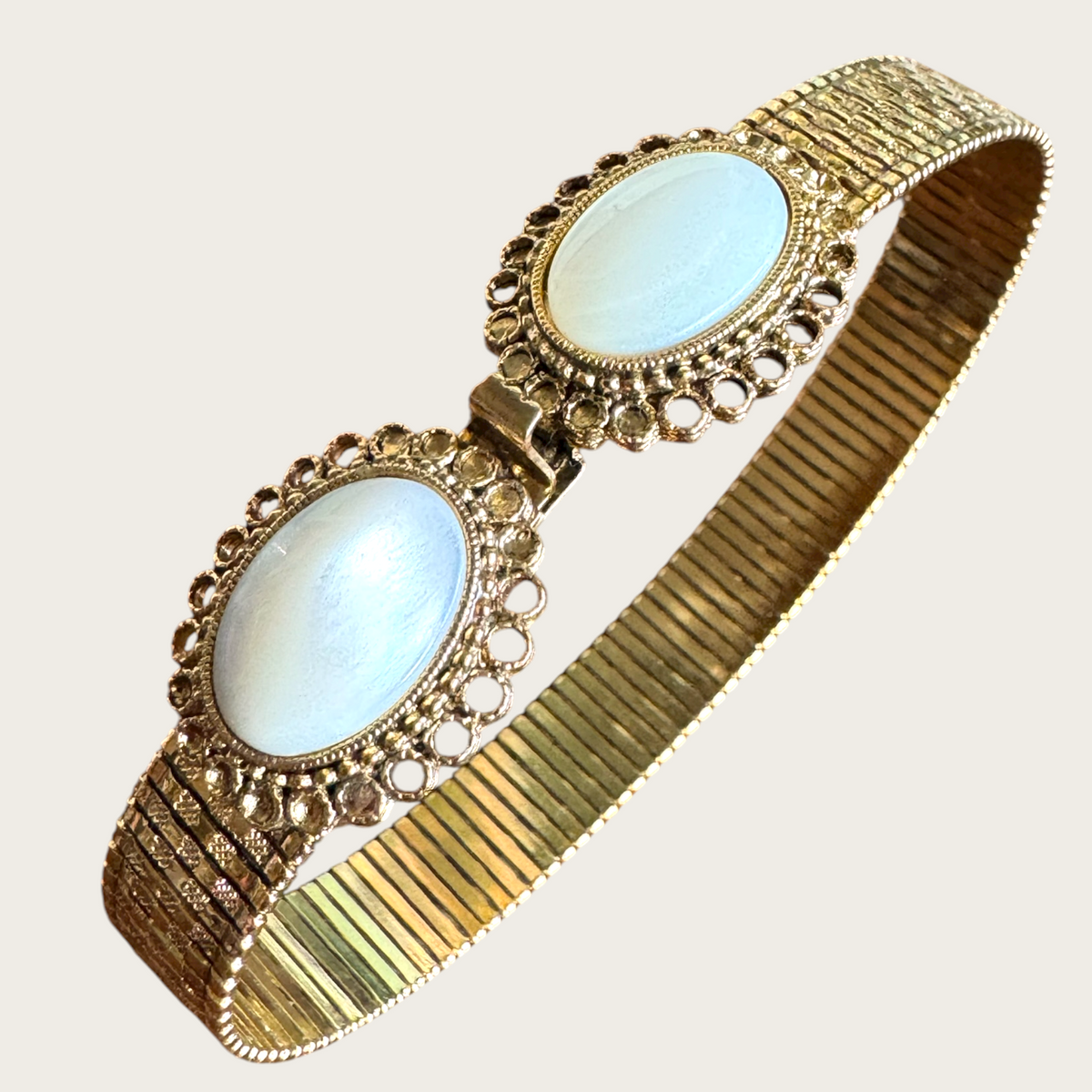 Vintage Ciner Mother of Pearl Cabochon & Gold Ribbon-Link Bracelet – Mid-Century Designer Signed (7”)