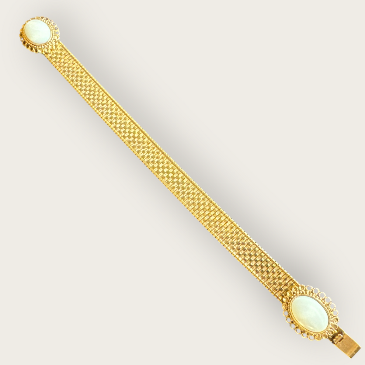 Vintage Ciner Mother of Pearl Cabochon & Gold Ribbon-Link Bracelet – Mid-Century Designer Signed (7”)