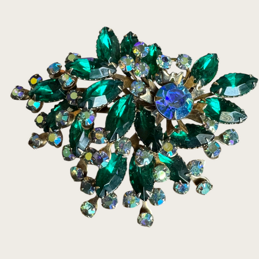 Vintage Emerald Navette & Aurora Borealis Rhinestone Spray Brooch – Large Mid-Century Statement