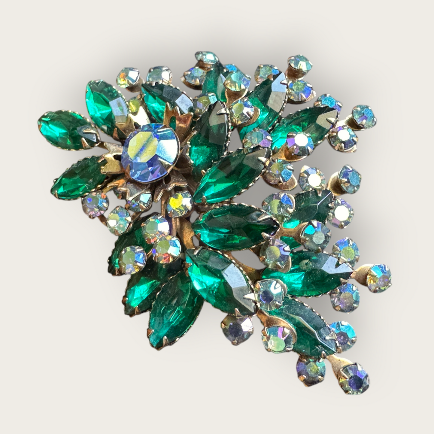 Vintage Emerald Navette & Aurora Borealis Rhinestone Spray Brooch – Large Mid-Century Statement