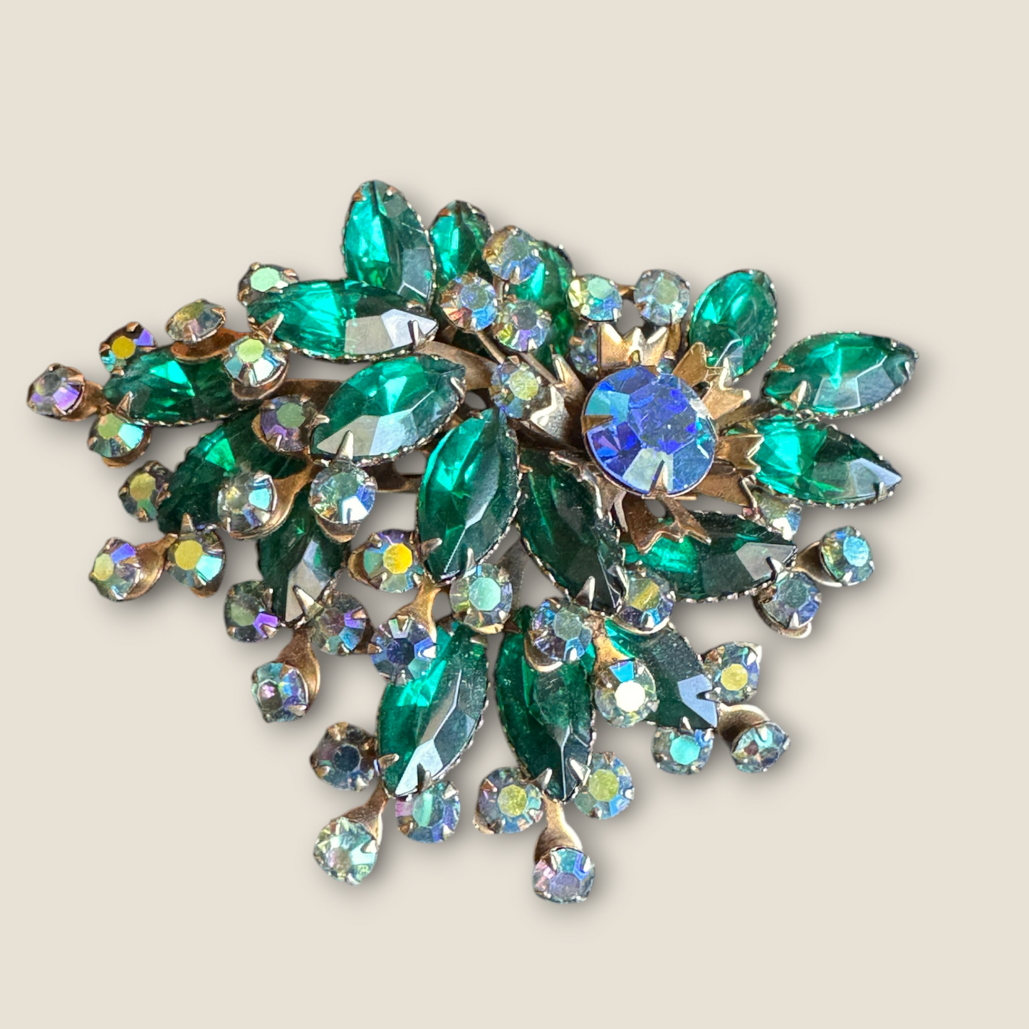 Vintage Emerald Navette & Aurora Borealis Rhinestone Spray Brooch – Large Mid-Century Statement