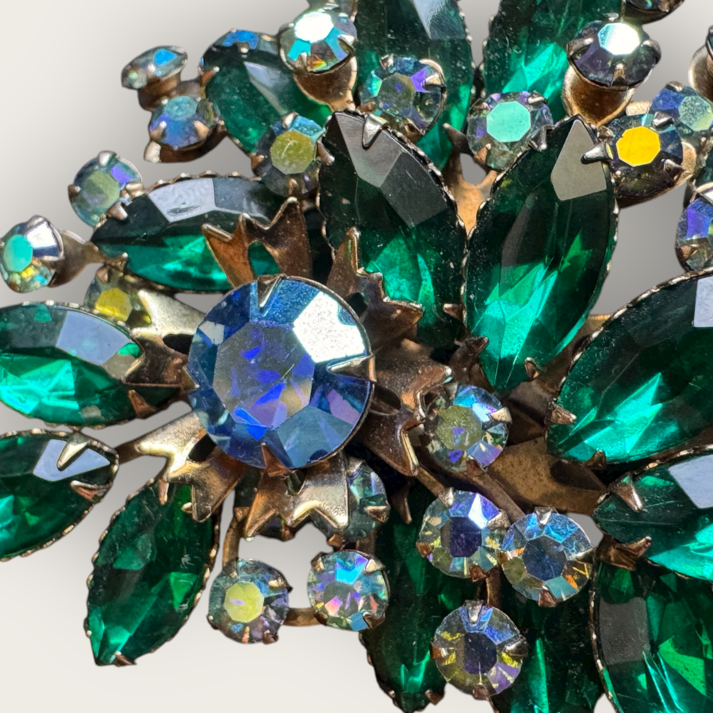 Vintage Emerald Navette & Aurora Borealis Rhinestone Spray Brooch – Large Mid-Century Statement