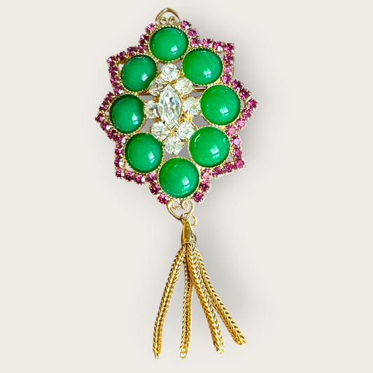 Verified Juliana Dangle Brooch with Green Cabochons, Pink Chatons, and Gold Tassel