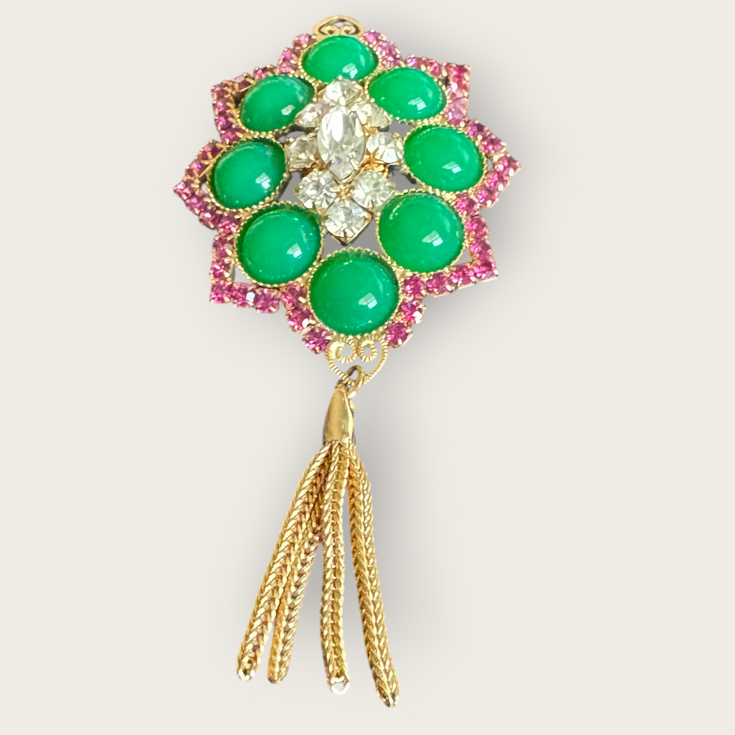 Verified Juliana Dangle Brooch with Green Cabochons, Pink Chatons, and Gold Tassel