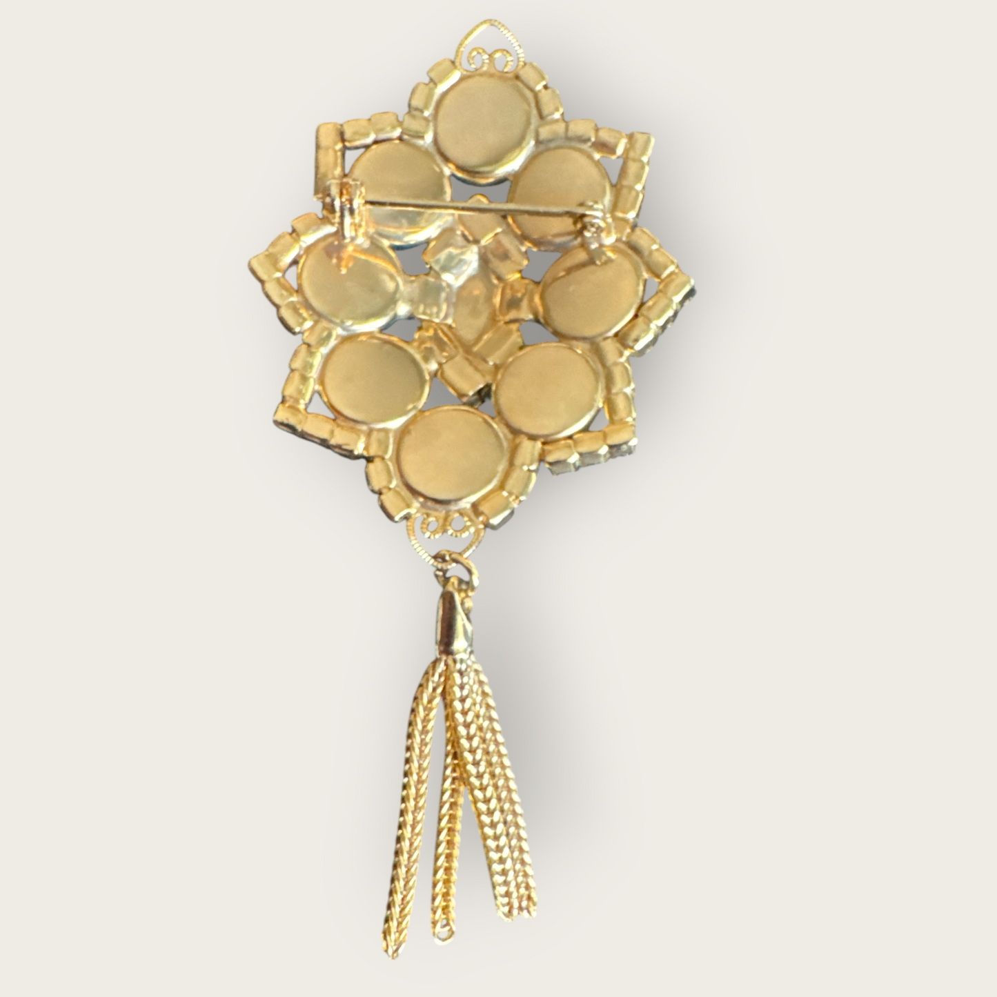 Verified Juliana Dangle Brooch with Green Cabochons, Pink Chatons, and Gold Tassel