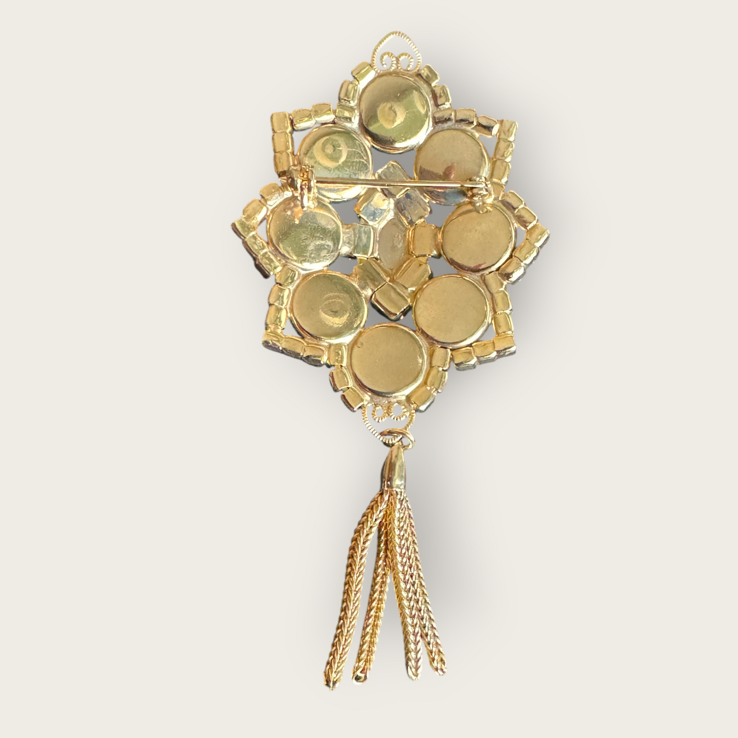 Verified Juliana Dangle Brooch with Green Cabochons, Pink Chatons, and Gold Tassel