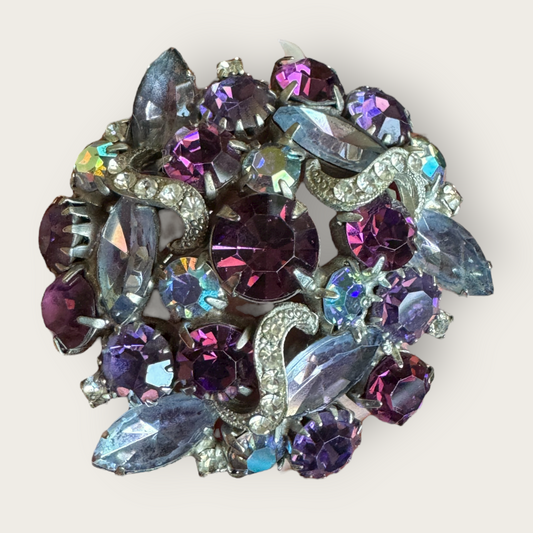 Mid-Century Purple and Aurora Borealis Domed Rhinestone Brooch
