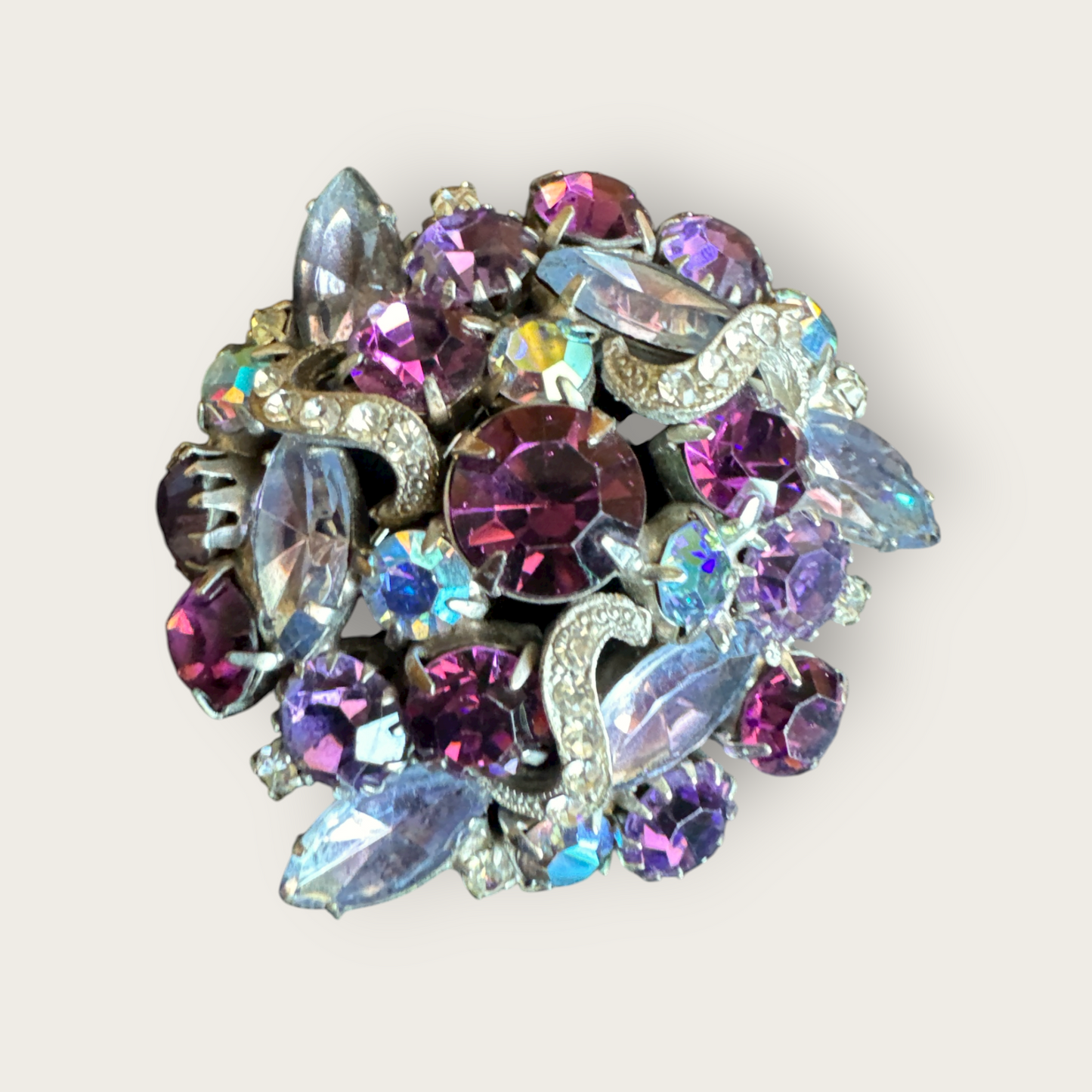 Mid-Century Purple and Aurora Borealis Domed Rhinestone Brooch
