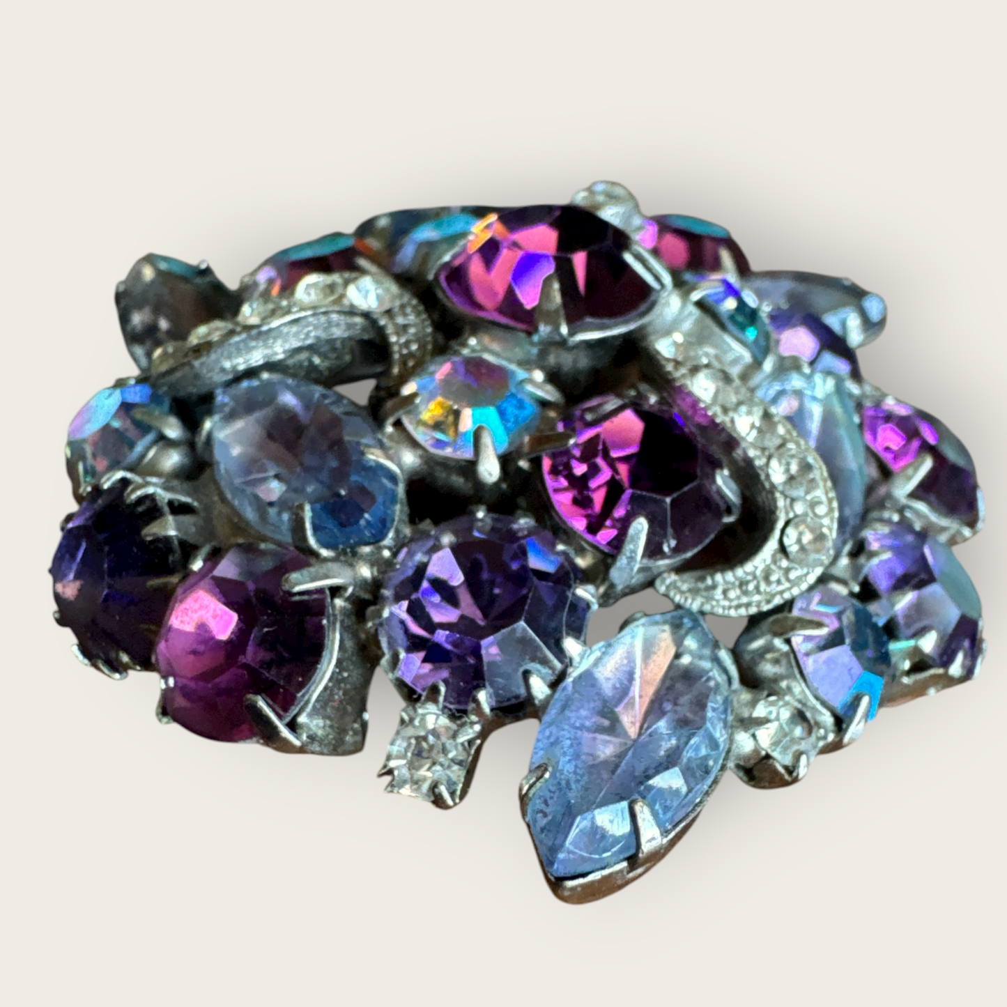 Mid-Century Purple and Aurora Borealis Domed Rhinestone Brooch