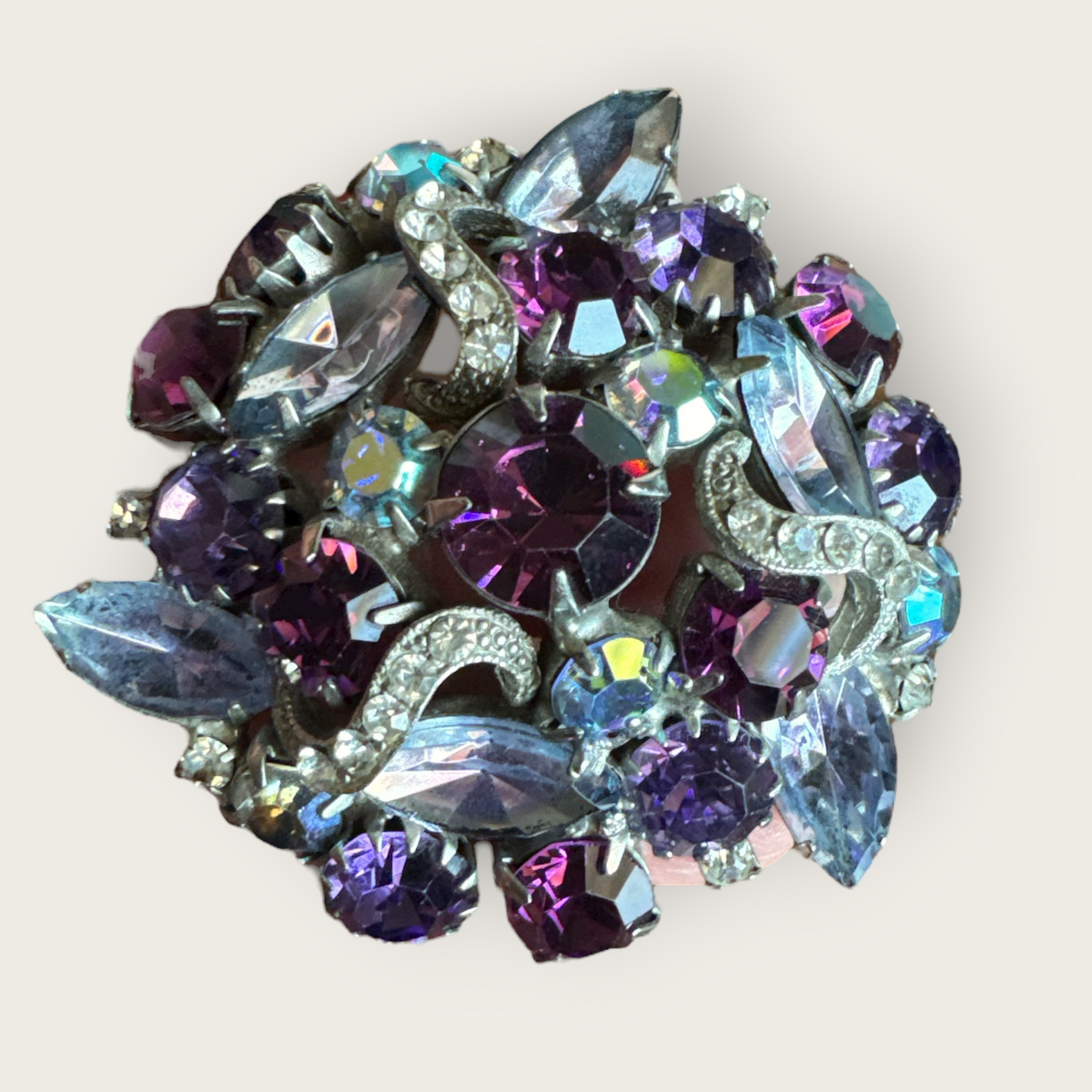 Mid-Century Purple and Aurora Borealis Domed Rhinestone Brooch
