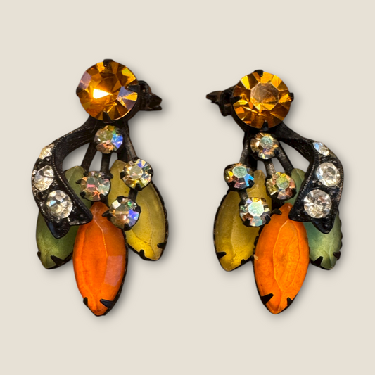 Vintage Japanned Rhinestone Earrings in Fall Tones – Unsigned 1940s–1950s