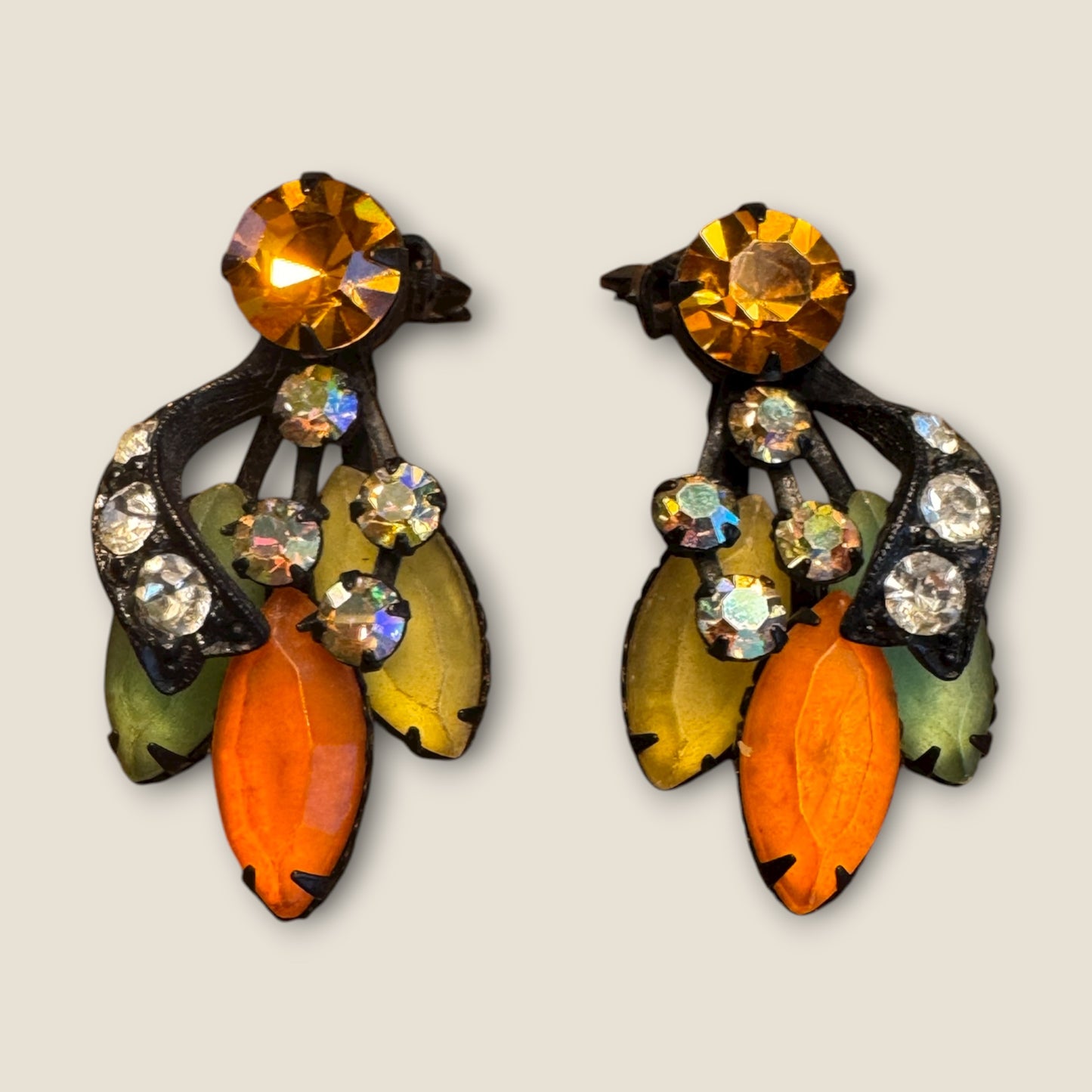 Vintage Japanned Rhinestone Earrings in Fall Tones – Unsigned 1940s–1950s