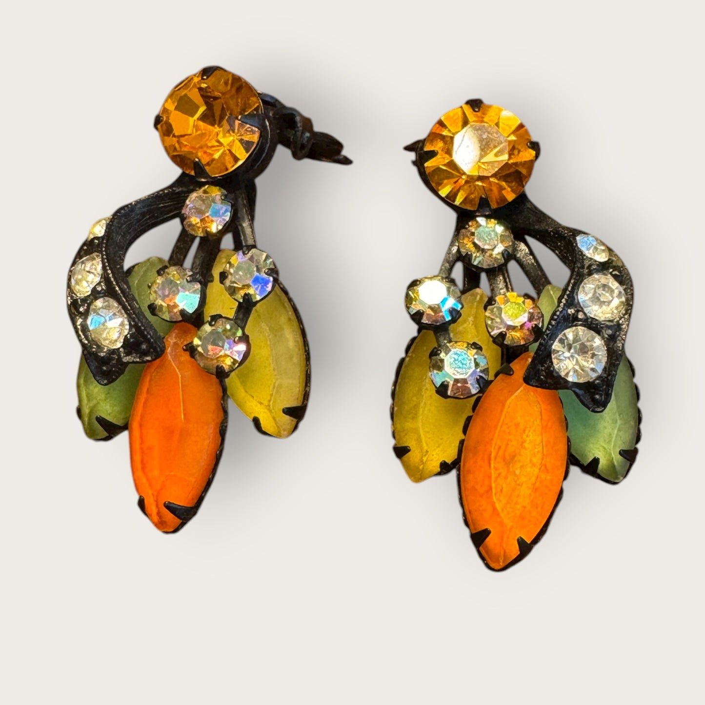 Vintage Japanned Rhinestone Earrings in Fall Tones – Unsigned 1940s–1950s