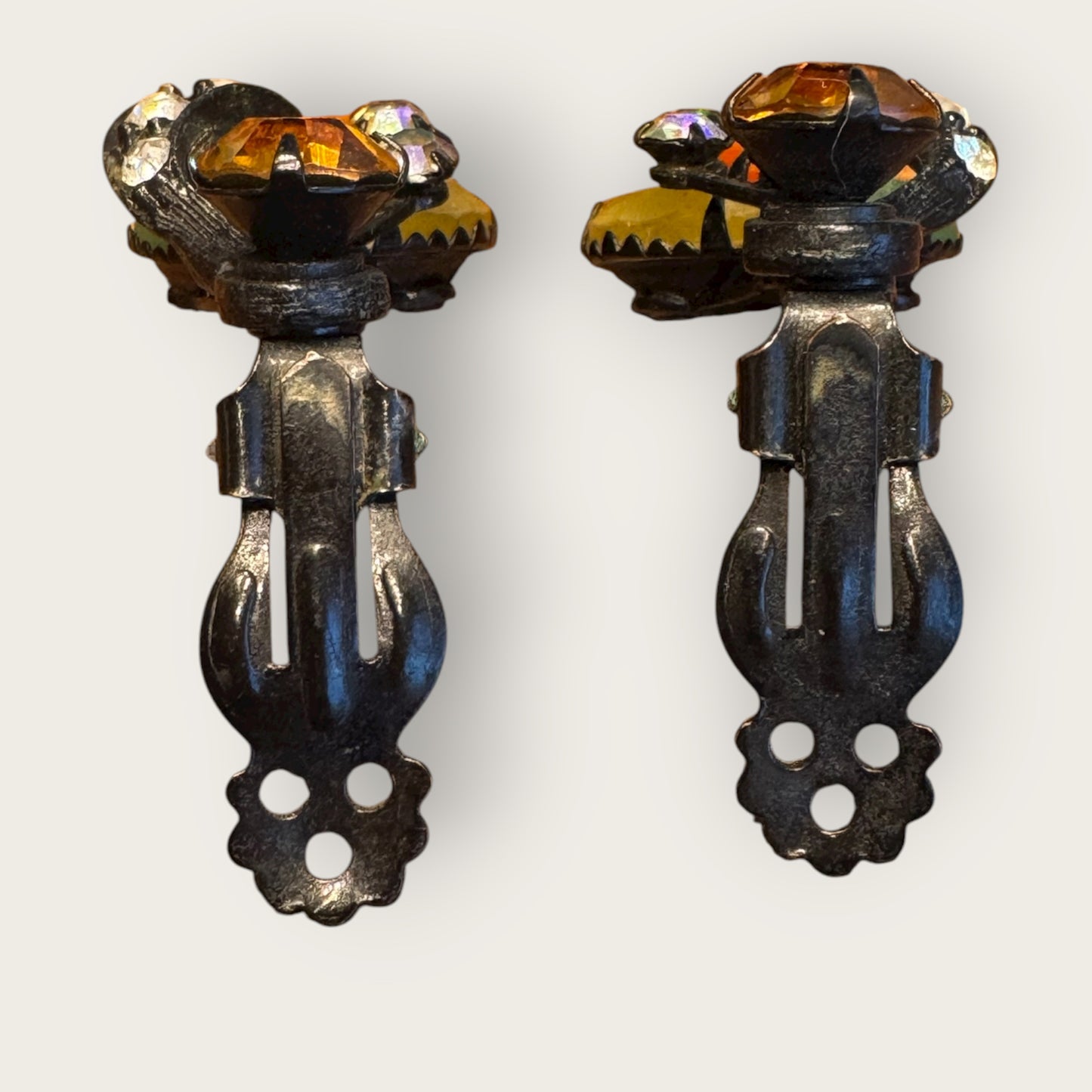 Vintage Japanned Rhinestone Earrings in Fall Tones – Unsigned 1940s–1950s