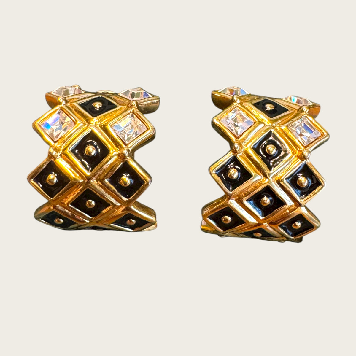 Swarovski Vintage Gold-Tone Enamel & Crystal Clip-On Earrings with Swan Hallmark