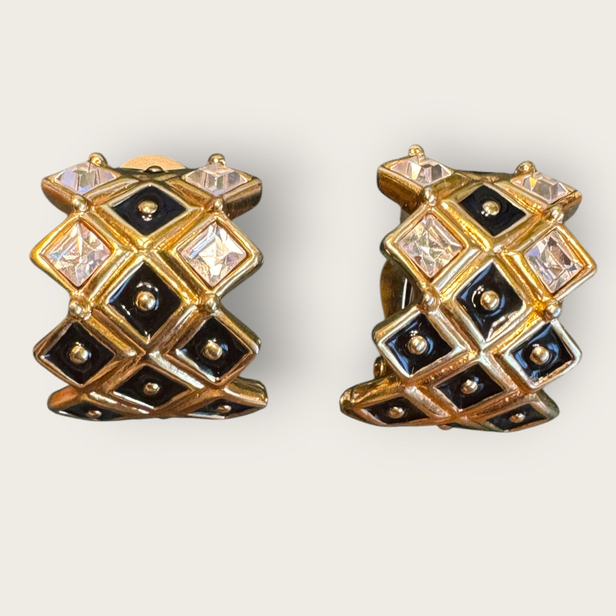 Swarovski Vintage Gold-Tone Enamel & Crystal Clip-On Earrings with Swan Hallmark
